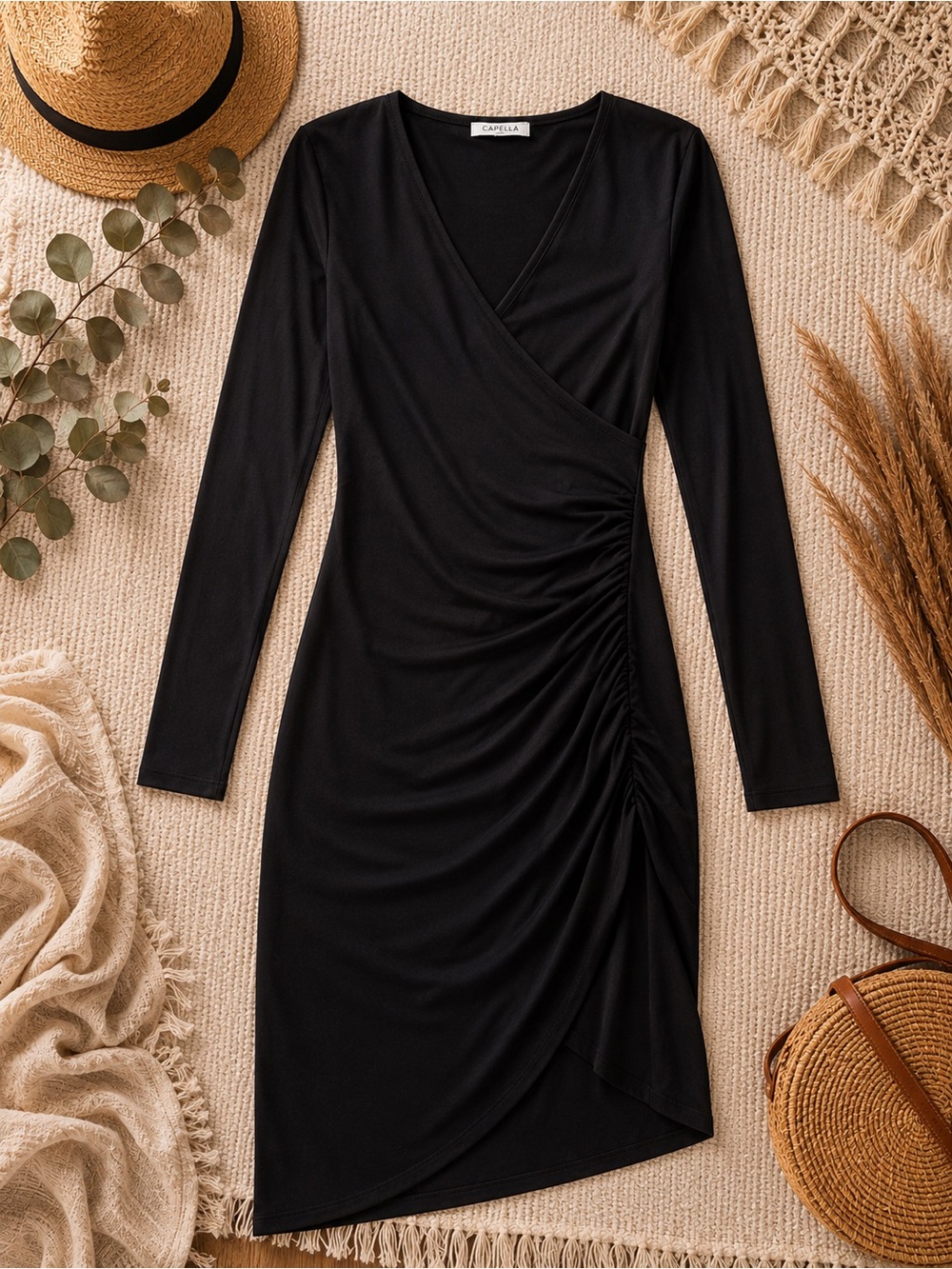 Black Long-Sleeve Ruched Wrap Dress
